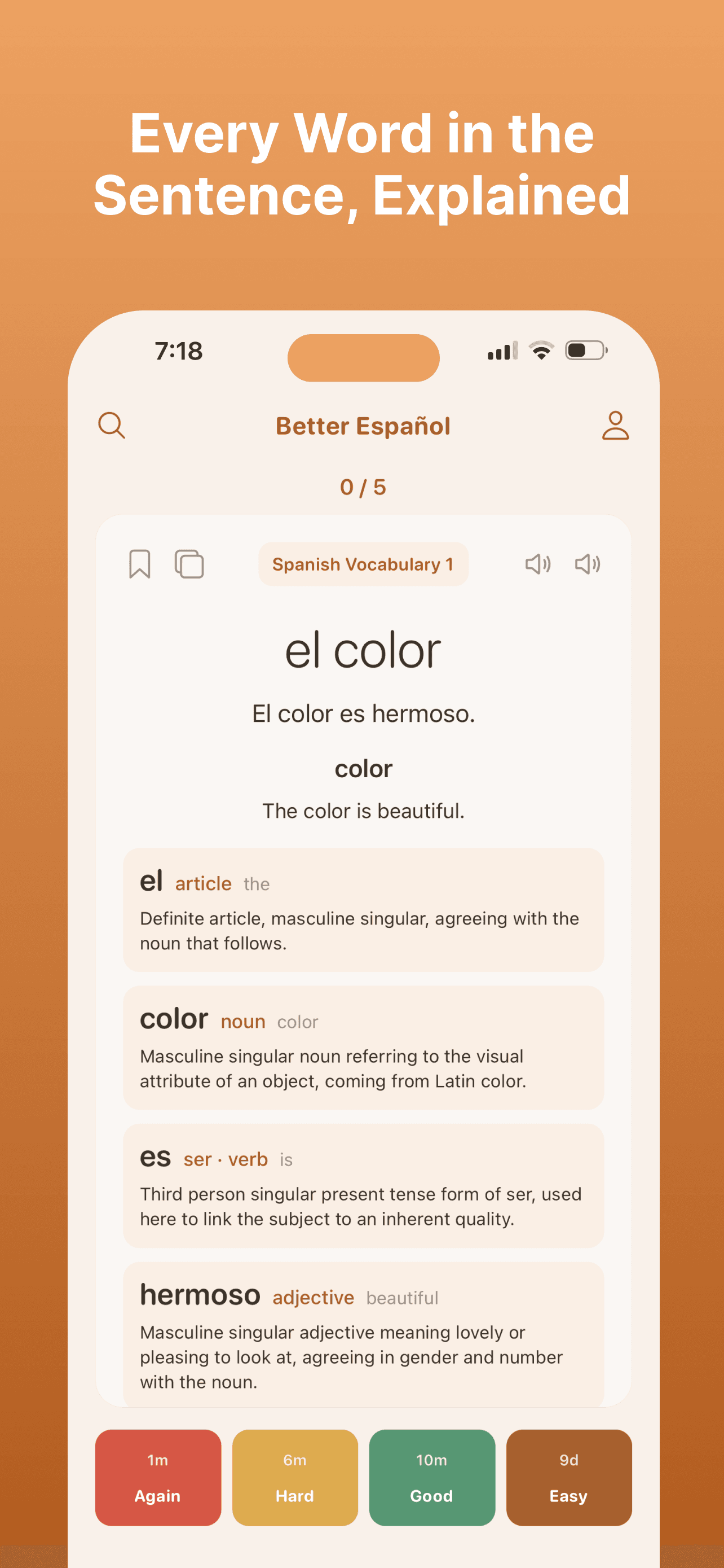Every word in the sentence, explained — “El color es hermoso” taken apart word by word, each of el, color, es and hermoso with its part of speech and a grammatical note